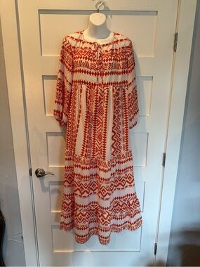 Red & White Printed Tiered Maxi Dress with Tie Neck